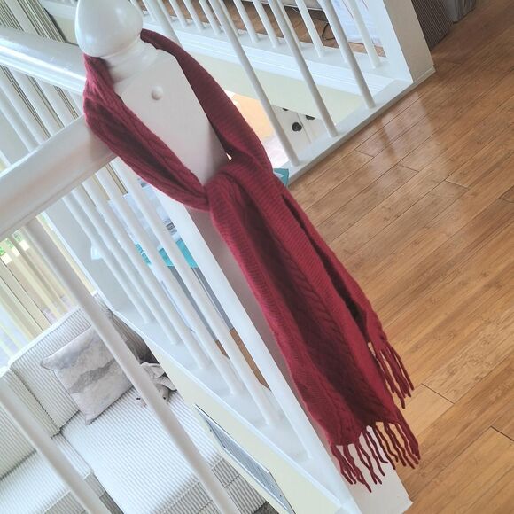 Mariele Waithe !00% Cashmere Scarf Cable Knit Fringe Crimson Red Burgundy - Picture 5 of 9